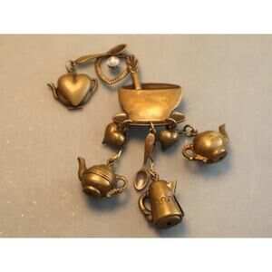 Top Shelf Tea Love Brooch Dangling Teapots Hearts Pin